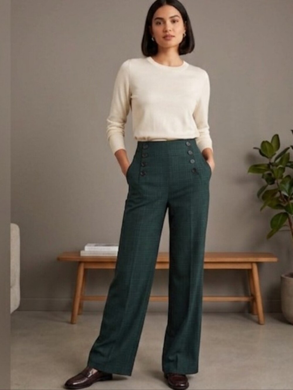 Modcloth Herringbone Check High Waisted Sailor Pants Medium NWT
